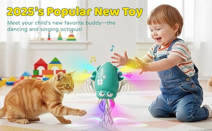 SANJOIN Dancing Octopus Baby Toy,Easter Basket Stuffers Gitfs Rechargeable Tummy Time Toys Wiggling Crawling Squid Toy for 3 4 5 6 7 8 9 10 Kids Boy Girl,Electric Musical Toys Birthday Gifts,Green