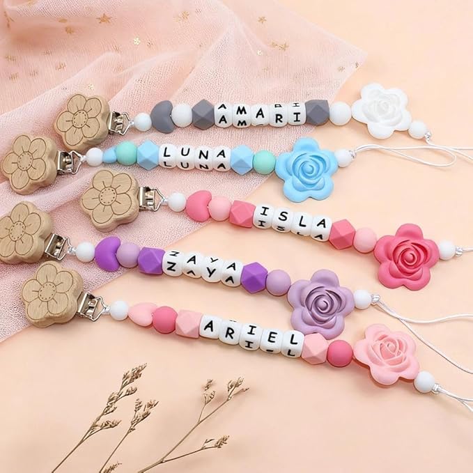 Personalized Flower Pacifier Clip Custom Baby Name Personalized Baby Gift Flower Pacifier Holder Beech Wooden Clip (Style 1)