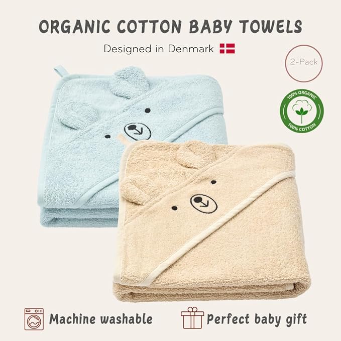 Hooded Baby Towels - 100% Organic Cotton Baby Bath Towels, 32" x 32" Super-Soft and Absorbent Baby Towels for Newborn Baby Boys 2-Pack (Bear Fog/Baby Blue)