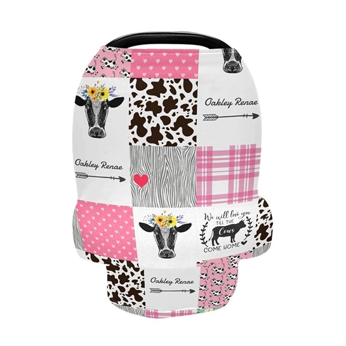 Personalized Baby Car Seat Cover for Babies, Custom Name Baby Car Seats Canopy for Girls, Nursing Breastfeeding Stroller Covers for Infant Newborn, Shower Gift for Baby (Farm Cow Pink)