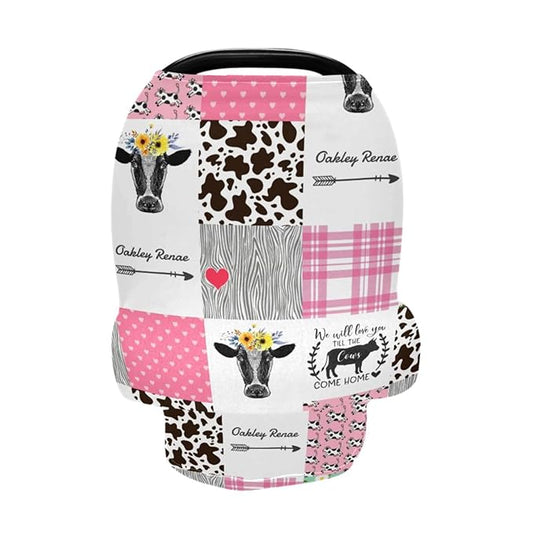 Personalized Baby Car Seat Cover for Babies, Custom Name Baby Car Seats Canopy for Girls, Nursing Breastfeeding Stroller Covers for Infant Newborn, Shower Gift for Baby (Farm Cow Pink)