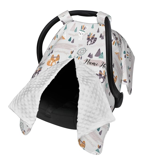 Personalized Woodland Fox Baby Infant Car Seats Canopy for Babies with Name, Custom Multi-use Blankets for Baby Boys Girls, Peekaboo Minky Nursing Breastfeeding Stroller Cover Canopies for Newborn