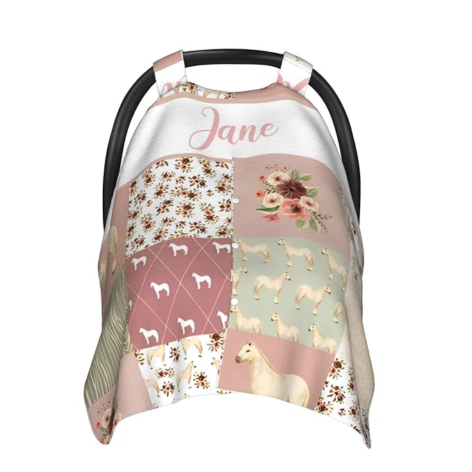 Personalized Baby Car Seat Canopy for Babies with Name, Custom Car Seat Covers for Boys Girls, Infant Opening Minky Nursing Breastfeeding Stroller Cover Carseat Canopies for Newborn (Floral Horse)