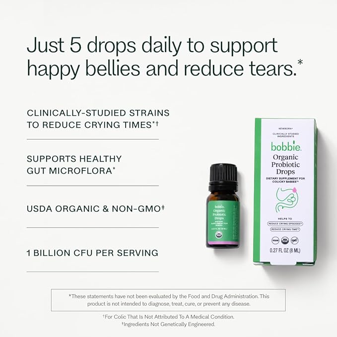 Bobbie Organic Baby Probiotic Drops, Daily Liquid Supplement, Fuss, Tears, Gut Health for Newborn Babies and Infants, Vegan, Infant-Friendly Formula, 1 Billion CFU, 0.27 fl oz