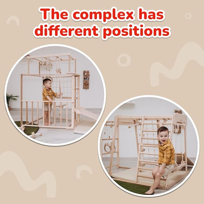 Wood And Hearts Child's Sport Complex Scandinavian Trapezze, Wooden Indoor Playground, Made in Ukraine, Jungle Gym for Kids, Toddler Jungle Gym, Kids Ages 18 Months-6 Years Playground