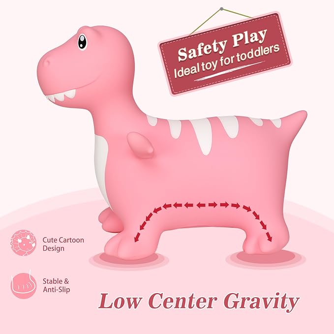 INPANY Bouncy Horse, Dinosaur Hopper Toys, Toddler Bouncing Animal, Dinosaur Party Decorations, Kids Inflatable Ride on Rubber Bouncer, Outdoor Cool Birthday Gift for 2 3 4 Yr Boy Girl Pink