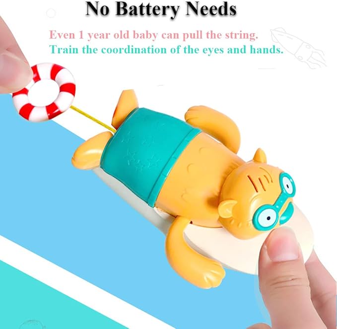 Pull String Baby Bath Toy Pull & Go Cute Surfing Beaver Swimming Windup Clockwork Bathtub Toy for Toddlers (Beige)