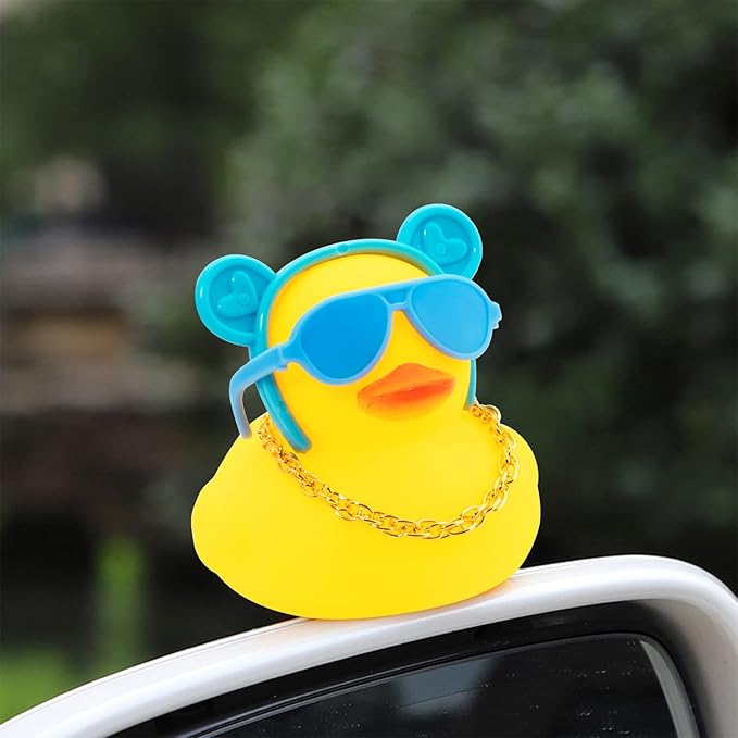 wonuu Car Duck Rubber Duck Car Ornaments Duck Car Dashboard Decorations with Cute Headband Swim Ring Necklace Sunglasses, B-Blue O Bunny Headband-Transparent