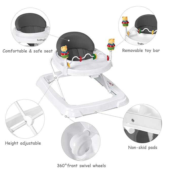 Baby Walker, Collapsible Baby Activity Walker with Walking Toys & 3-Levels Adjustable Height, Comfy High Back Seated Baby Walker with Wheels for Boys & Girls (Grey)