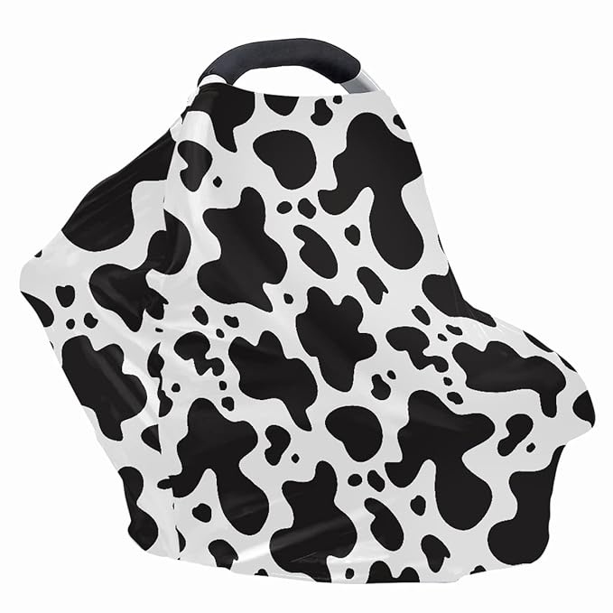 KIDVOVOU Baby Car Seat Covers Infant Carseat Canopy Black Cow Print Stretchy Breathable Adjustable Stretchy Universal Fit Infant Newborn Car Cover Protection