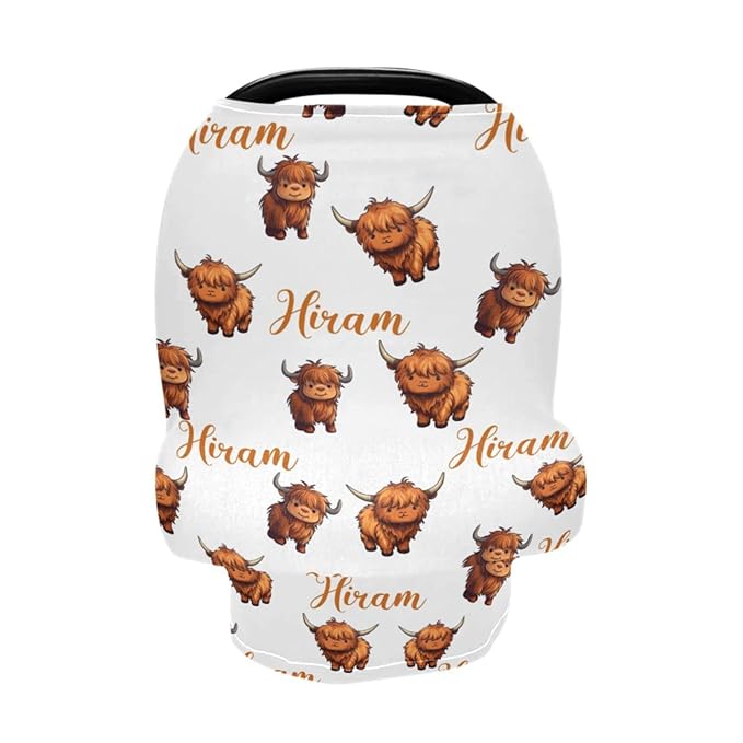 Personalized Multi Use Baby Car Seat Cover with Name, Customized Cute Highland Cow Baby Carseat Cover for Boys Girls, Nursing Cover Breastfeeding Scarf Stroller Canopy for Newborn Infant