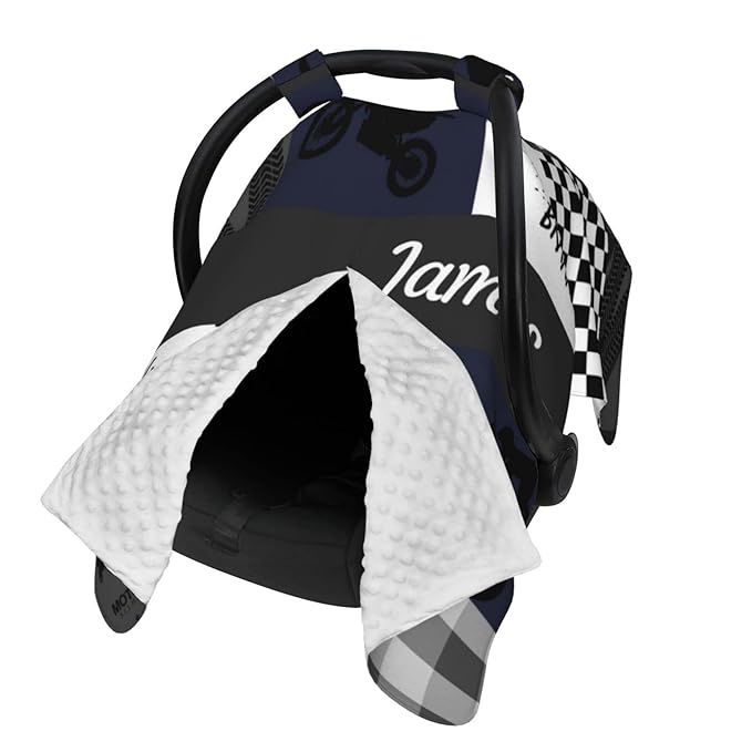 Personalized Dirt Bike Black Baby Car Seat Canopy for Babies with Name, Custom Motocross Baby Car Seat Covers for Boys, Opening Minky Nursing Breastfeeding Cover Infant Carseat Canopies for Newborn