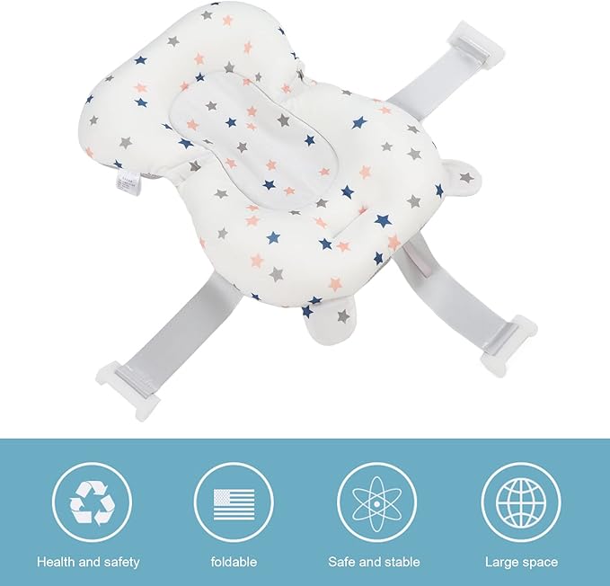 Baby Bath Cushion Pad Newborn Bathtub Mat, Nonslip Floating Seat with Support for Head, Neck, and Back,Sling, 0-12 Months (White Stars)