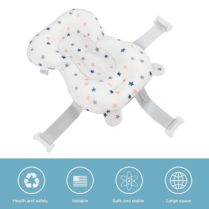 Baby Bath Seat Cushion Floating Safe Foldable Adjustable Infant Bath Supporter for Newborn Blue Bear, Supports Baby Body, Safety to Use, Easy to Clean, Odorless Material, Optimal (White Stars)