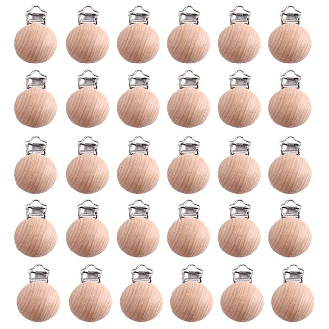 Natural Beech Wood Round Pacifier Clips Silicone Pacifier Holder Suspender Clips Sutoyuen Wood Pacifier Clip Holder Charm for DIY Babies Dummy Chain Accessories 30 Pieces (Without Hole)