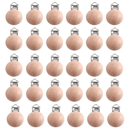 Natural Beech Wood Round Pacifier Clips Silicone Pacifier Holder Suspender Clips Sutoyuen Wood Pacifier Clip Holder Charm for DIY Babies Dummy Chain Accessories 30 Pieces (Without Hole)