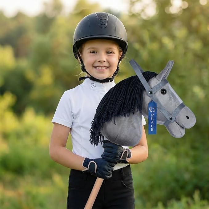 ROCK MY BABY Hobby Horse Plush Stuffed Stick Horse with Award Ribbon for Boys and Girls 3+ Fun Toys for Pretend Play (Gray) CPC Certified