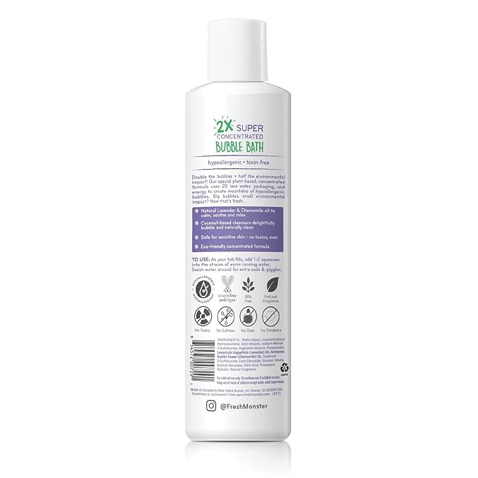 Fresh Monster Kids Foaming Bubble Bath | Hypoallergenic, Natural for Kids & Toddlers | Super Concentrated | Soothing Lavender Scent | Bath Time Essentials