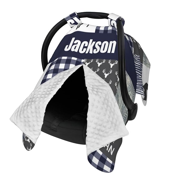 Personalized Baby Car Seat Canopy with Name, Custom Woodland Deer Baby Car Seats Covers for Baby Boy, Opening Minky Nursing Breastfeeding Cover for Infant, Carseat Canopies for Newborn
