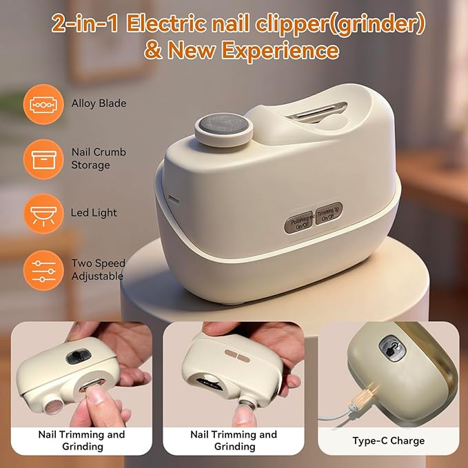 Electric Nail Clipper for Baby, Seniors, Kids, Automatic Finger Nail Cutter Trimmer Machine, 2-in-1 Rechargeable Nail Cloppers with LED Light and Storage Box, 2-Speed Nail Polisher for Children Type-C