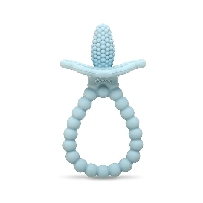RaZbaby RaZberry Plus Baby Teether – Easy-to-Hold Toy for Front & Back Teething Relief, BerryBumps Texture for Sensory Development, Soothes Sore Gums, BPA-Free, Great Gift for Babies 3M+ – Blue