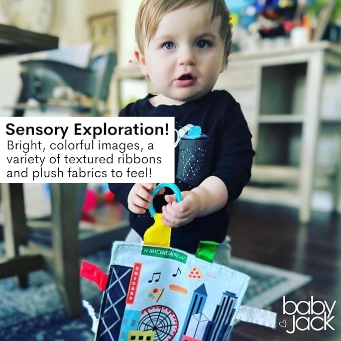 Baby Jack & Co 8x8” Learning Lovey Chicago Illinois Tag Toys for Babies - Baby Crinkle Toys - Soft & Safe - Learn USA Cities and Shapes - Ideal Baby Toy & Gift BPA Free w/Stroller Clip