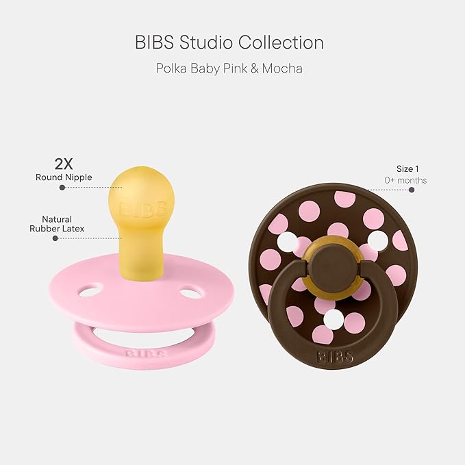 BIBS Polka Dots Pacifier 2-Pack, BPA Free Pacifiers with a Round Latex Nipple, Made in Scandinavia, Size 1 (0-6 Months), Baby Pink/Mocha
