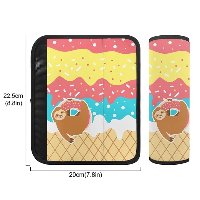 Biyejit 2 Pack Ice Cream Sloth Seat Belt Covers for Kids, Soft Seat Belt Cushion for Children, Anti-Slip Design Car Seat Belt Pads Cover for Girls and Boys Car Accessories