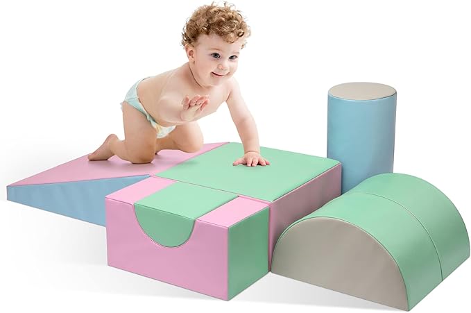 Toddler Climbing Toys Indoor, 5-Piece Foam Baby Climbing Blocks, Soft Play Climbing Set for 1-3 Years Old, Modular Crawling & Sliding Equipment, Waterproof Easy to Clean (Pink)