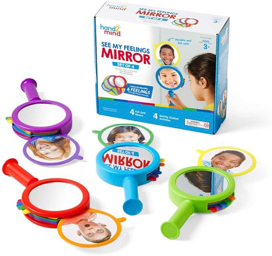 hand2mind See My Feelings Mirror, Play Therapy Toys, Mindfulness for Kids, Emotional Regulation Activities, Social Learning Supplies, Calm Down Corner Set, Set of 4