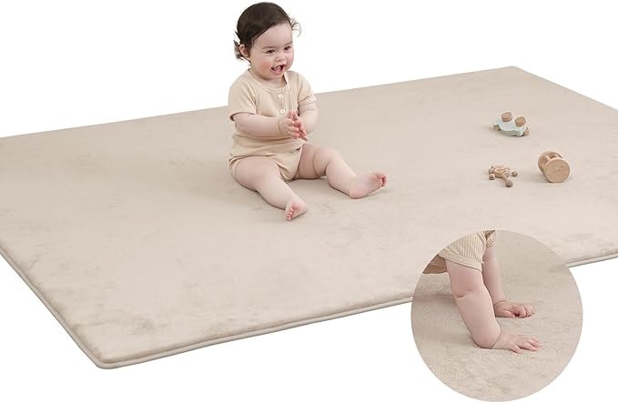 Memory Foam Baby Play Mat for Playpen, Thick & Large Crawling Mat for Floor, Soft Velvet Tummy Time Surface, Non-Slip Play Area for Kids, Toddlers, Infants in Nursery & Playroom (59"×79"×0.8",Beige)
