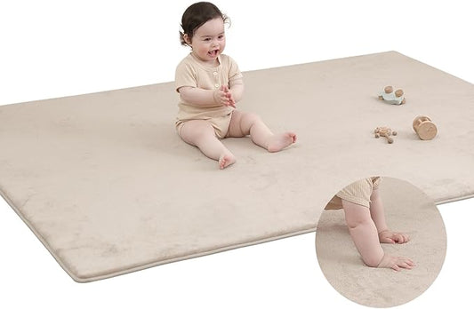 Memory Foam Baby Play Mat for Playpen, Thick & Large Crawling Mat for Floor, Soft Velvet Tummy Time Surface, Non-Slip Play Area for Kids, Toddlers, Infants in Nursery & Playroom (59"×79"×0.8",Beige)
