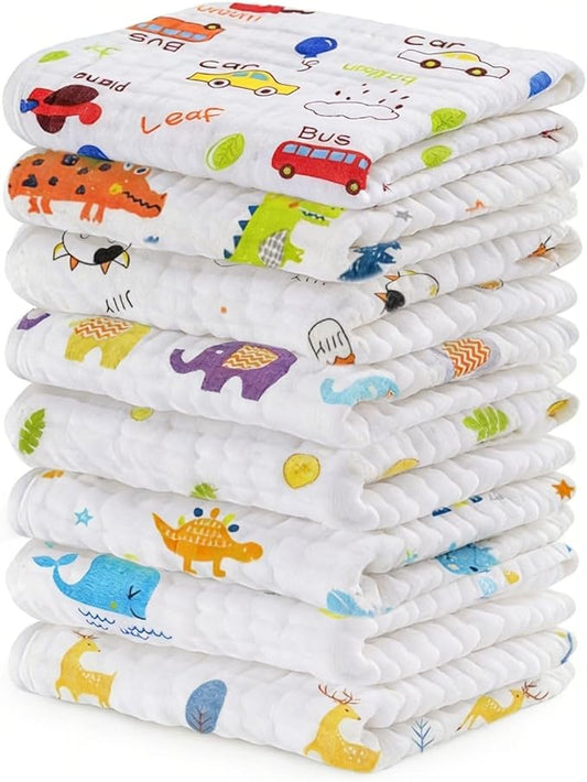 MALOMME Muslin Baby Washcloth 8 Pack - Soft & Absorbent Washcloth 6 Layer Natural Cotton Wash Cloths for Newborn Infant Toddler 10”x10” Large Gentle Face Towel for Sensitive Skin - Multi Pattens