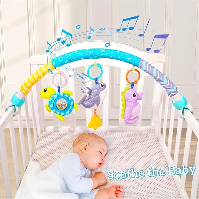 BATOHO Baby Stroller Arch Toy, Clip On Arch Mobile for Bassinet with Universal Clamps, Activity Toy Bar for Bouncer Musical Crib Mobile Toys for Infants Car Seat Toys Rattle Turtle Music Whale