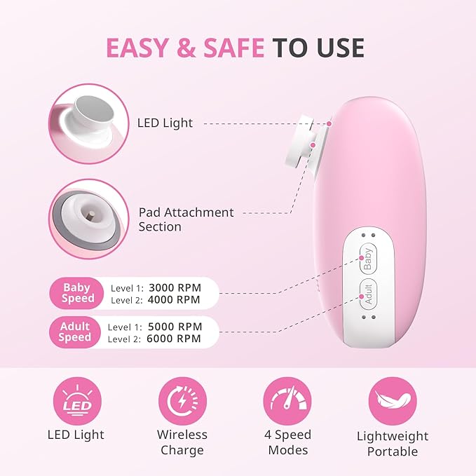 AIRSEE Baby Nail Trimmer Electric, Newborn Nail Clipper with Light, Safe & Easy Electric Nail File Baby Nail Clippers Baby Nail Care Set with LED Light, 6 Replacement Heads & Storage Case, Pink