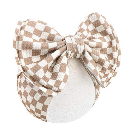 7’’ Checkered Bow for Baby Girl Khaki Racing Bows Double-Layered Headbands for Newborns Infants Toddlers Girls Hair Accessories