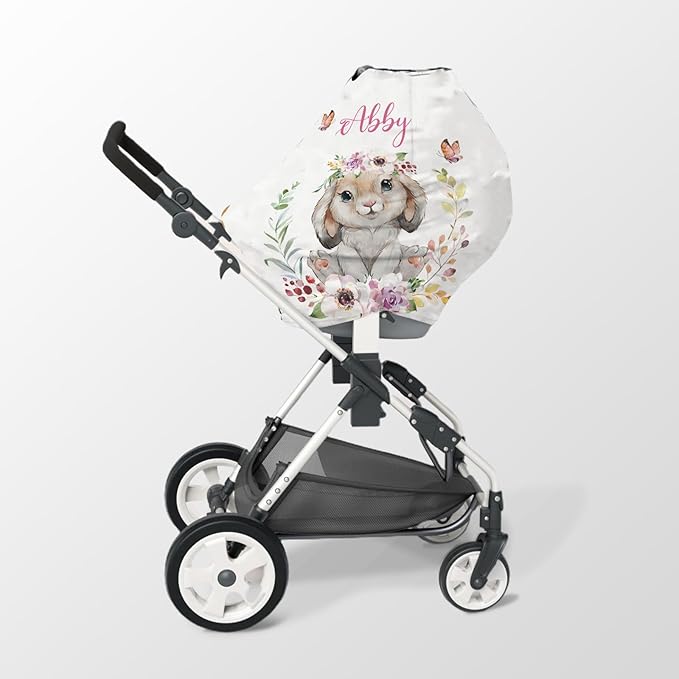 Personalized Baby Car Seat Cover Stroller Canopy: Custom Name Newborn Baby Boy Girl Elastic Rabbit Nursing Cover for Moms First Birthday Gift Animals(one Size)