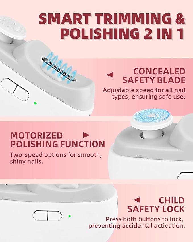 2026 Upgraded Electric Nail Clipper, 3 in 1 Automatic Nail Trimmer and Polisher with LED Light & Clip Storage,USB Rechargeable - 2 Speeds Electric Nail File for Baby, Adults, Seniors
