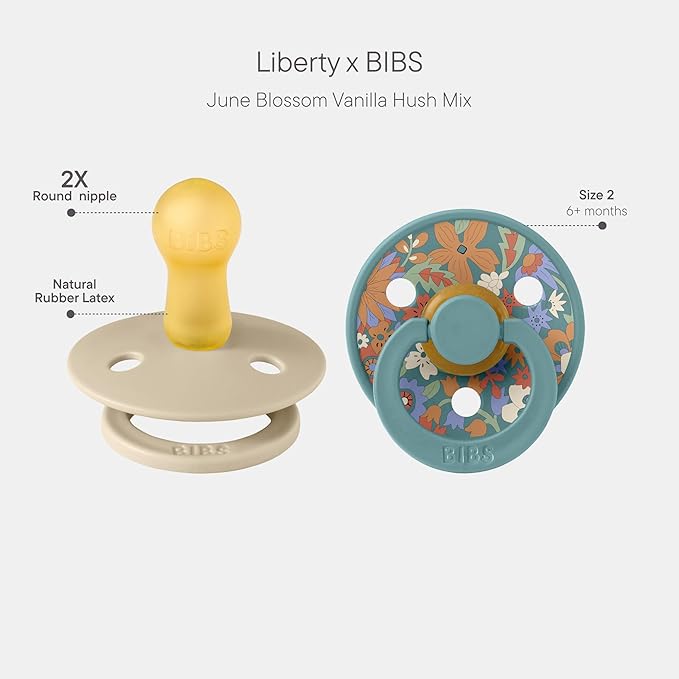 BiBS Liberty Pacifier 2-Pack, BPA Free Pacfiers with Natural Latex Round Nipple, Made in Scandinavia, Size 2 (6-18 Months), June Blossom Vanilla Hush Mix