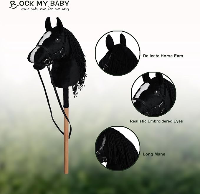 ROCK MY BABY Hobby Horse with a Detachable Bridle Plush Stuffed Stick Horse with Award Ribbon for Kids 3+ Years Old (Black)