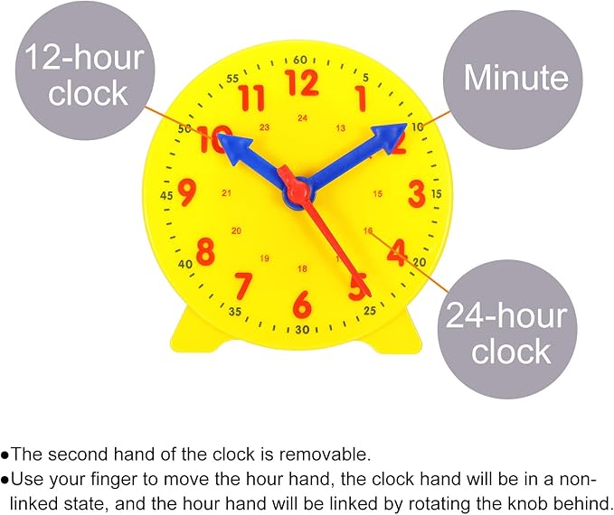 PATIKIL 4 inch Teaching Clock, 2 Pack Learn Clock Learning Tell Time Analog Clock Demonstration Clock 24 Hour 3 Pointers Geared Movement for Classroom Teacher, Yellow