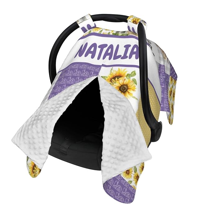 Personalized Baby Car Seat Canopy for Girls, Custom Name Baby Car Seats Covers for Babies, Opening Minky Nursing Breastfeeding Stroller Cover Infant Carseat Canopies for Newborn (Farm Cow Purple)