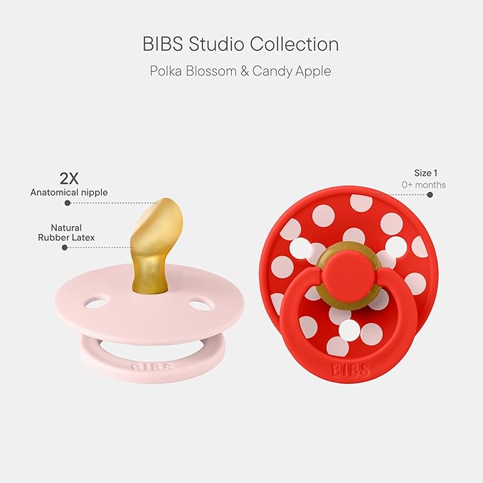BIBS Polka Dots Pacifier 2-Pack, BPA Free Pacifiers with a Anatomical Latex Nipple, Made in Scandinavia, Size 1 (0-6 Months), Blossom/Candy Apple