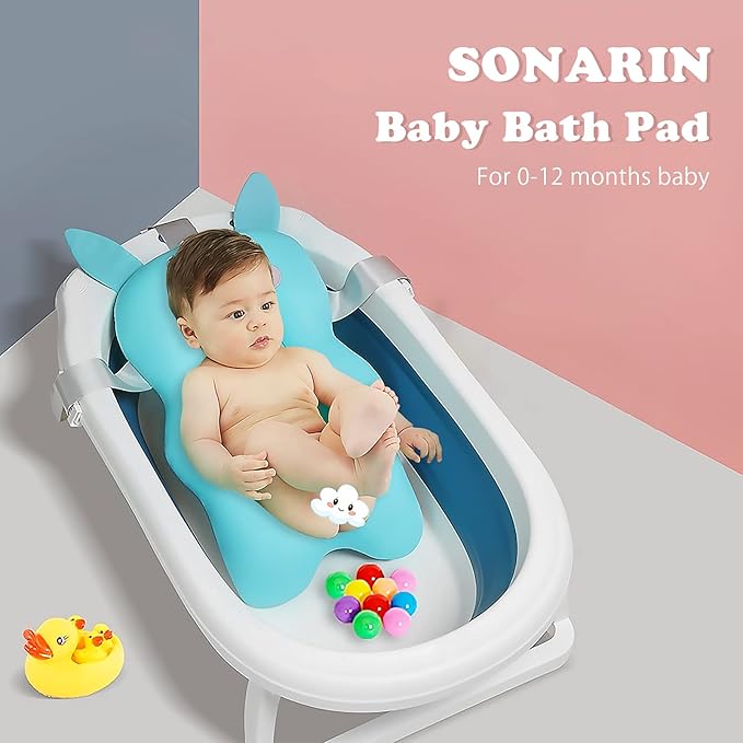 SONARIN Baby Bath Pad,Non-Slip Baby Bath Cushion Mat Infant Floating Bathtub Pad Newborn Bath Tub Seat Mat Soft Bath Pillow for Tub Adjustable Baby Shower Support Seat for Baby 0-12 Months(Blue)