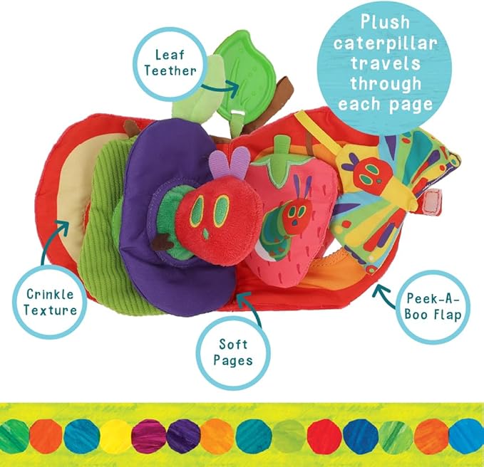 Eric Carle Very Hungry Caterpillar Activity Apple and Plush - Crinkle Texture Inside and Attached Leaf Teether – Hanging Loop for On The Go Fun