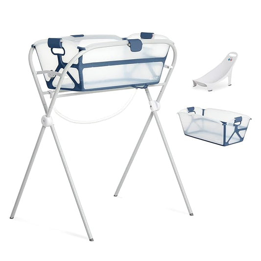 Evolur Supple Baby Spa Set with Infant Bathtub, Hammock Support Seat & Metal Frame, Newborn Tub for 0–12 Months, Complete Baby Care Essentials Gift Set for New Parents, Navy Blue