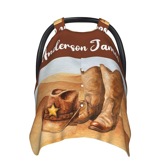 Custom Name Cowboy Baby Car Seat Canopy – Opening Minky Nursing Cover with Name, Personalized Infant Carseat & Stroller Cover for Newborn Baby Boys Gift
