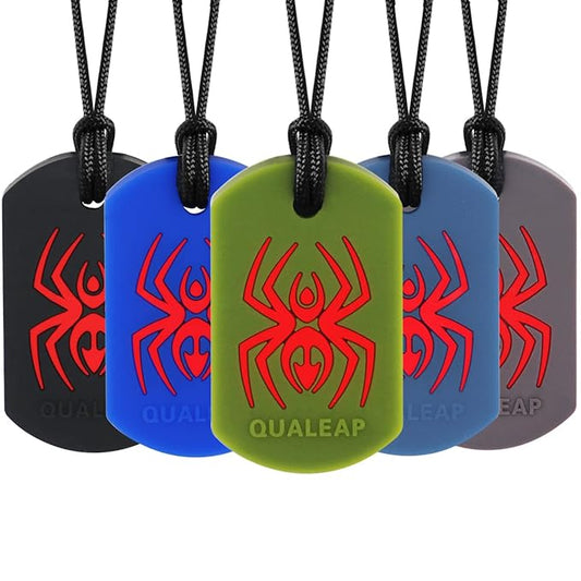 Xtra Tough Spider Sensory Chew Necklace for Kids (5 Pack) - Chewing Necklace Teething Teether Necklace Chew Toys - Designed for Chewing, Autism Sensory Teether Toy (Moderate & Aggressive Chewer)