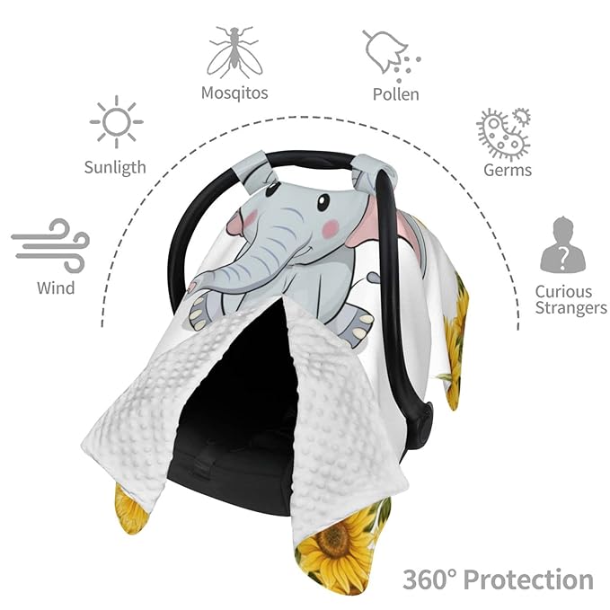 Personalized Elephant and Sunflower Baby Infant Car Seats Canopy for Babies with Name, Custom Multi-use Blankets for Baby Boys Girls, Peekaboo Minky Nursing Stroller Cover Canopies for Newborn