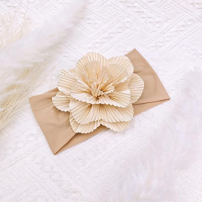 Large Flower Elastic headband for Baby Girl Infant Soft Fabric Chiffon Floral Hairband Toddler Newborn Christening Baptism Hair Accessories (Flower 1 - khaki, Elastic)
